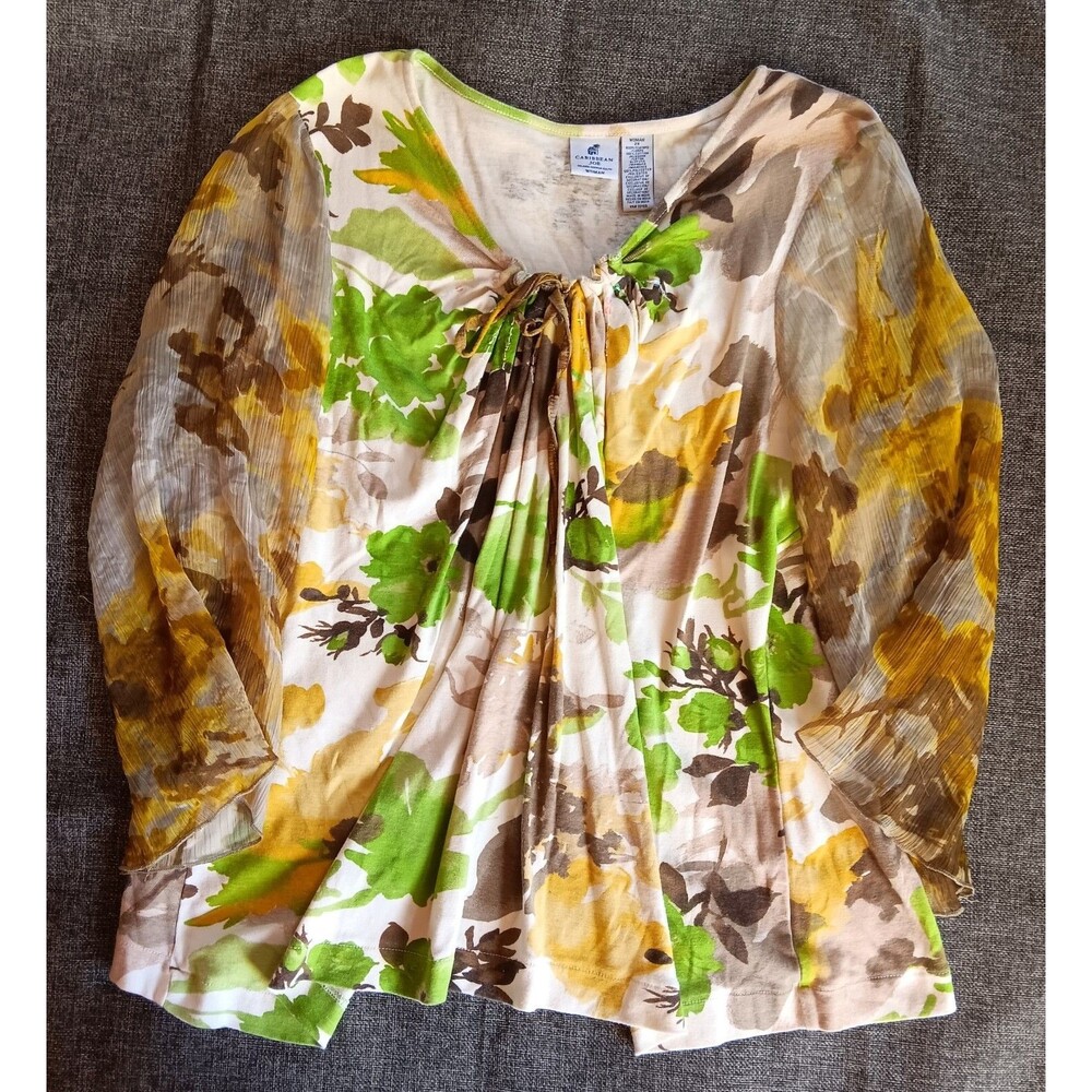 Shirt Size 2XL New Caribbean Joe Ivory Yellow Green Pheasant 3/4 Sleeve Style